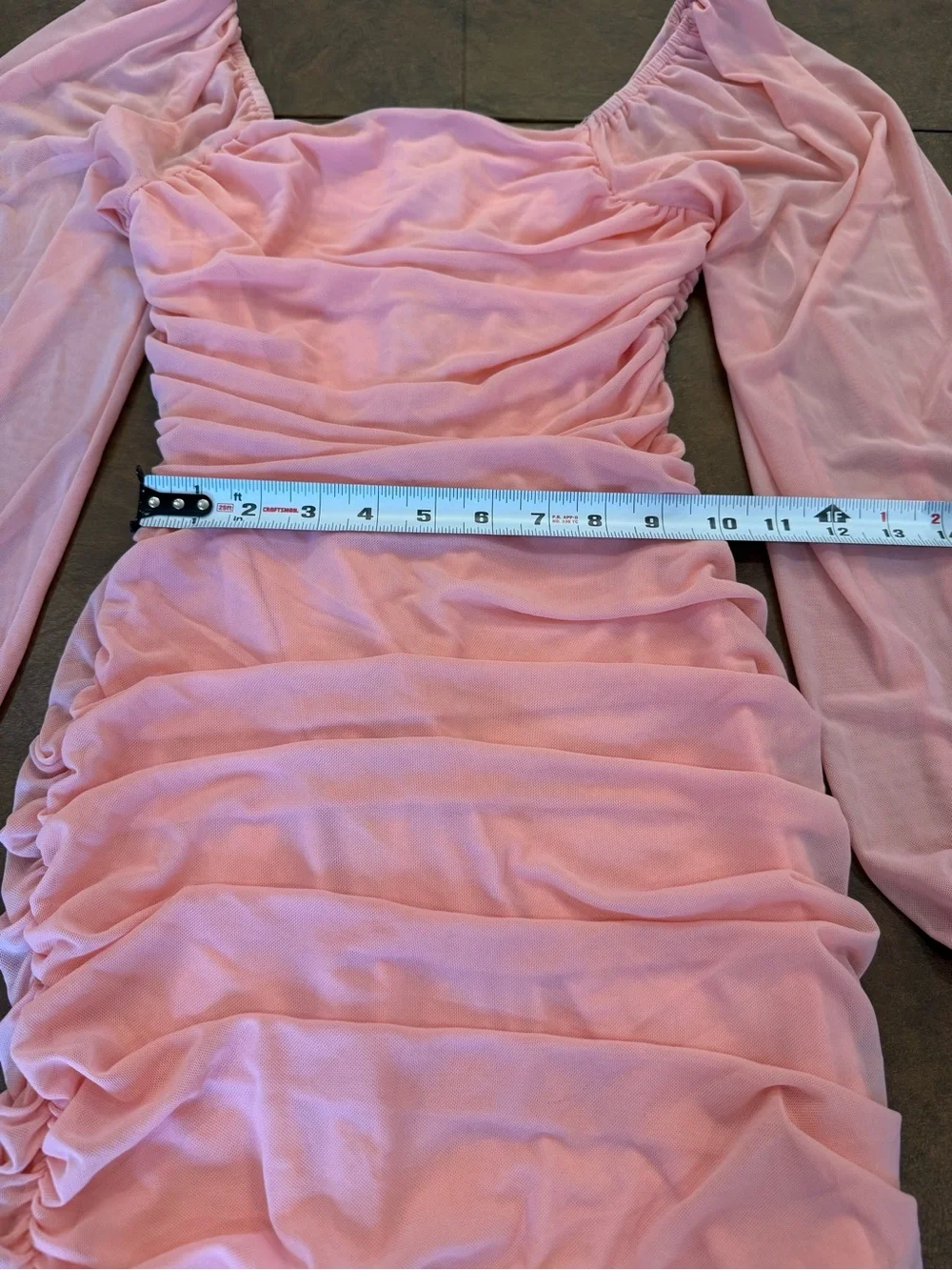 Pink Ruched Dress with Long Sheer Sleeve - Women’s Size Small Bodycon